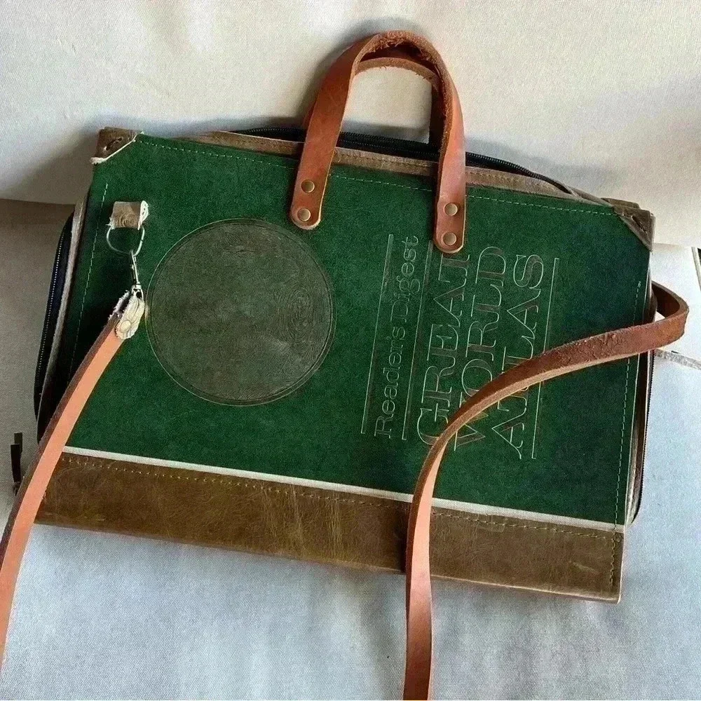Upcycled Laptop Bag made from antique atlas book bag satchel Briefcase